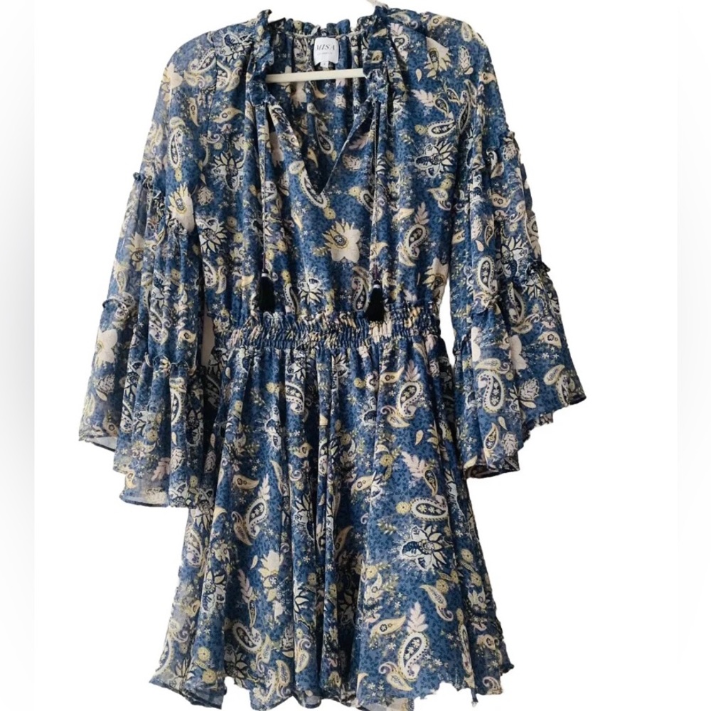 Misa Los Angeles Paisley Ruffled Bell Sleeve Dress Women Size S Cottagecore